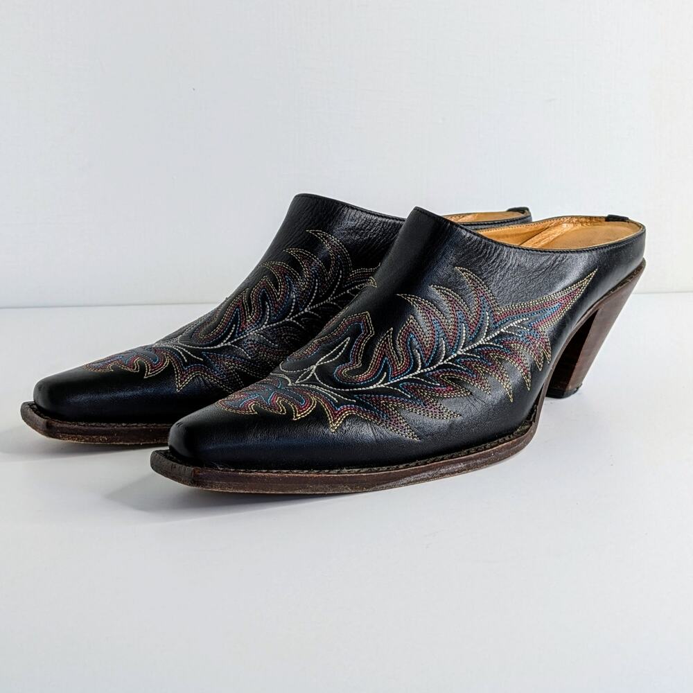 Charlie 1 Horse Shoes Womens 8.5 Black Mules Heels Leather Cowboy Slip On Pointy - Picture 16 of 16